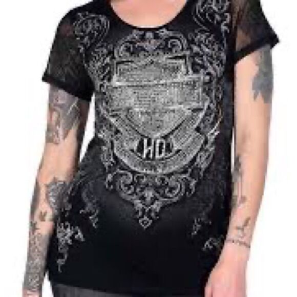 NWOT Harley-Davidson Women's Autumn Rust Embellished Mesh Sleeves Tee, Black M - Picture 1 of 9